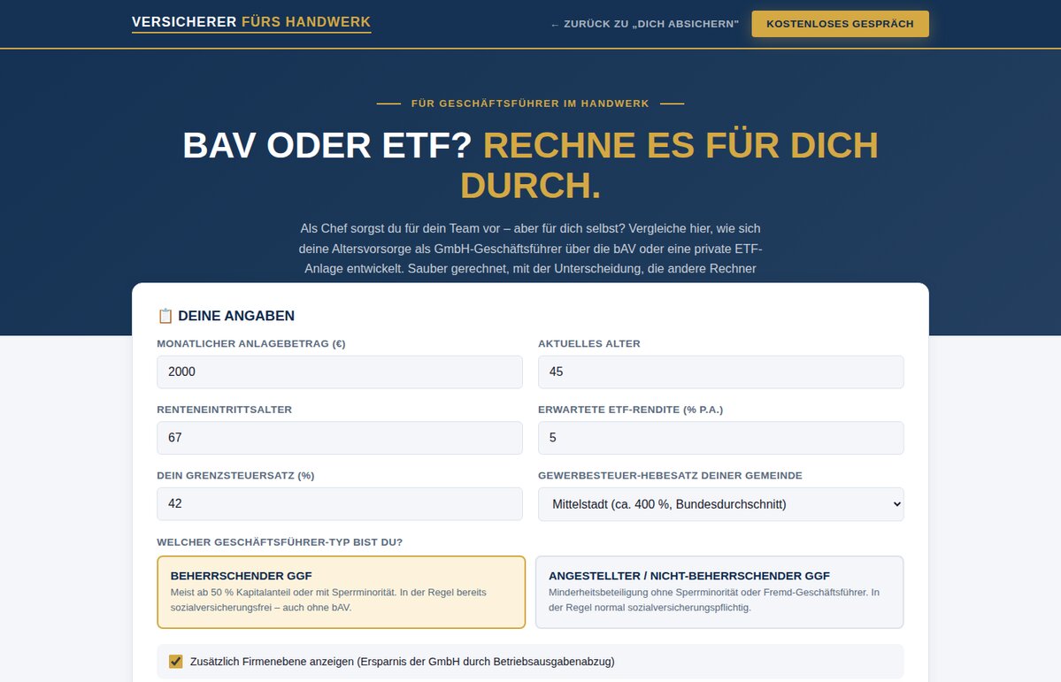 Vorschau: bAV-vs-ETF-Rechner für GmbH-Geschäftsführer im Handwerk